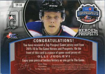 2015-16 Leaf In The Game Heroes & Prospects - Top Prospects Game Jersey Emerald #TP-14 Olli Juolevi Back