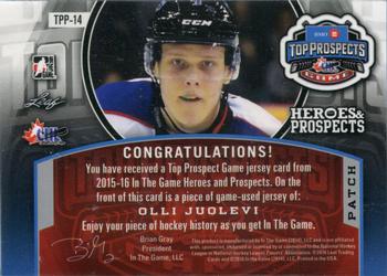 2015-16 Leaf In The Game Heroes & Prospects - Top Prospects Game Jersey Patch Bronze #TPP-14 Olli Juolevi Back