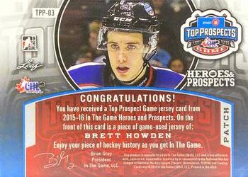2015-16 Leaf In The Game Heroes & Prospects - Top Prospects Game Jersey Patch Emerald #TPP-03 Brett Howden Back
