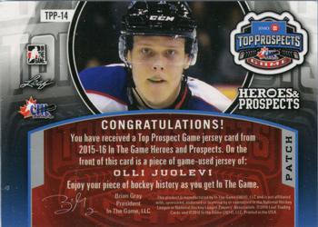 2015-16 Leaf In The Game Heroes & Prospects - Top Prospects Game Jersey Patch Emerald #TPP-14 Olli Juolevi Back