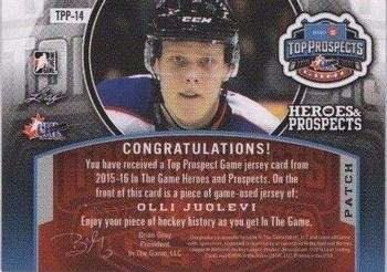 2015-16 Leaf In The Game Heroes & Prospects - Top Prospects Game Jersey Patch Purple #TPP-14 Olli Juolevi Back