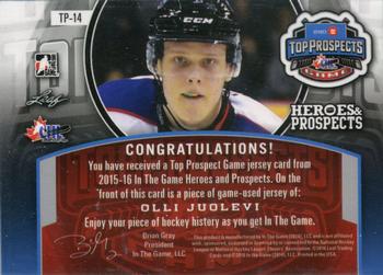 2015-16 Leaf In The Game Heroes & Prospects - Top Prospects Game Jersey Platinum #TP-14 Olli Juolevi Back