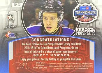2015-16 Leaf In The Game Heroes & Prospects - Top Prospects Game Jersey Purple #TP-03 Brett Howden Back