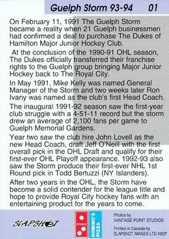 1993-94 Slapshot Guelph Storm (OHL) #1 Title Card Back
