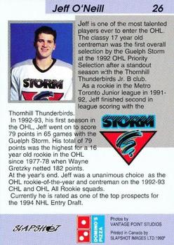 1993-94 Slapshot Guelph Storm (OHL) #26 Jeff O'Neill Back