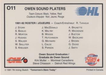 1991-92 7th Inning Sketch OHL - The Teams #O11 Owen Sound Platers Back