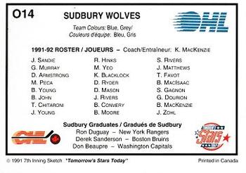 1991-92 7th Inning Sketch OHL - The Teams #O14 Sudbury Wolves Back
