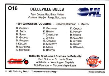 1991-92 7th Inning Sketch OHL - The Teams #O16 Belleville Bulls Back