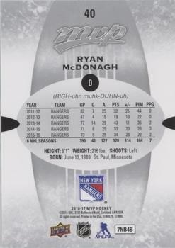 2016-17 Upper Deck MVP - Silver Script #40 Ryan McDonagh Back
