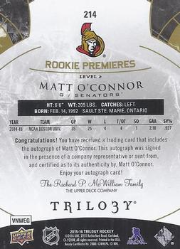 2015-16 SPx - 2015-16 Upper Deck Trilogy Update: Rookie Autographs #214 Matt O'Connor Back