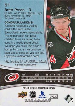 2015-16 Upper Deck Ultimate Collection - Ultimate Rookies - Gold Patch #51 Brett Pesce Back