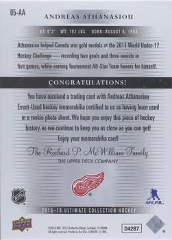 2015-16 Upper Deck Ultimate Collection - 2005-06 Ultimate Rookies - Platinum Blue Tag #05-AA Andreas Athanasiou Back