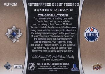 2015-16 Upper Deck Ultimate Collection - Debut Threads - Autographed Patch #ADT-CM Connor McDavid Back