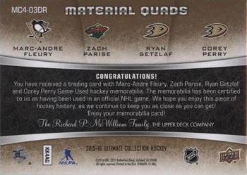2015-16 Upper Deck Ultimate Collection - Materials Quads #MC4-03DR Marc-Andre Fleury / Zach Parise / Ryan Getzlaf / Corey Perry Back