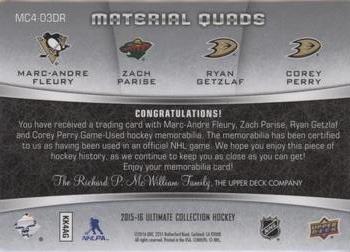 2015-16 Upper Deck Ultimate Collection - Materials Quads - Spectrum Teal #MC4-03DR Marc-Andre Fleury / Zach Parise / Ryan Getzlaf / Corey Perry Back