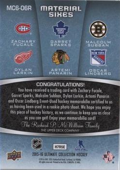 2015-16 Upper Deck Ultimate Collection - Material Sixes - Silver Patch #MC6-O6R Zachary Fucale / Garret Sparks / Malcolm Subban / Dylan Larkin / Artemi Panarin / Oscar Lindberg Back