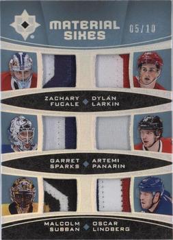 2015-16 Upper Deck Ultimate Collection - Material Sixes - Silver Patch #MC6-O6R Zachary Fucale / Garret Sparks / Malcolm Subban / Dylan Larkin / Artemi Panarin / Oscar Lindberg Front