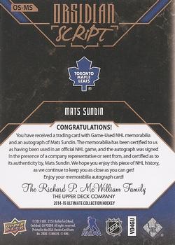 2015-16 Upper Deck Ultimate Collection - 2014-15 Upper Deck Ultimate Collection Update I #OS-MS Mats Sundin Back