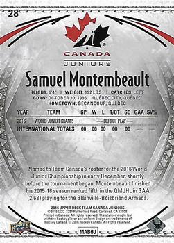 2016 Upper Deck Team Canada Juniors #28 Samuel Montembeault Back