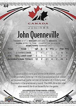 2016 Upper Deck Team Canada Juniors #44 John Quenneville Back