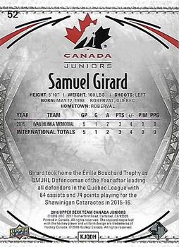 2016 Upper Deck Team Canada Juniors #52 Samuel Girard Back