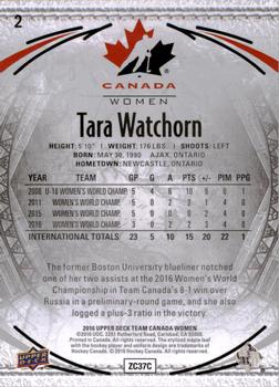 2016 Upper Deck Team Canada Juniors - Gold #2 Tara Watchorn Back