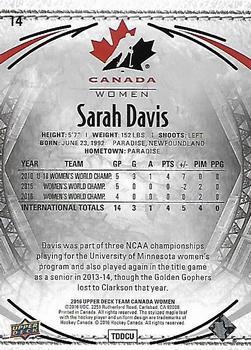 2016 Upper Deck Team Canada Juniors - Gold #14 Sarah Davis Back
