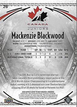 2016 Upper Deck Team Canada Juniors - Gold #26 Mackenzie Blackwood Back