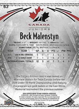2016 Upper Deck Team Canada Juniors - Gold #63 Beck Malenstyn Back