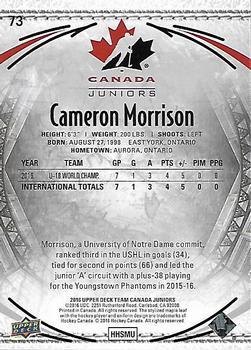 2016 Upper Deck Team Canada Juniors - Gold #73 Cameron Morrison Back