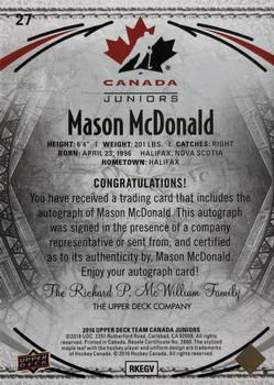 2016 Upper Deck Team Canada Juniors - Black Autographs #27 Mason McDonald Back