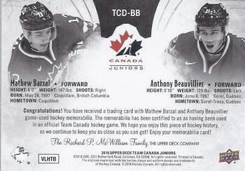 2016 Upper Deck Team Canada Juniors - Material Duos #TCD-BB Mathew Barzal/Anthony Beauvillier Back
