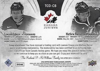 2016 Upper Deck Team Canada Juniors - Material Duos #TCD-CB Lawson Crouse/Mathew Barzal Back
