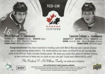 2016 Upper Deck Team Canada Juniors - Material Duos #TCD-CM Mitch Marner/Lawson Crouse Back