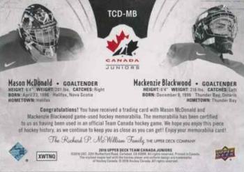 2016 Upper Deck Team Canada Juniors - Material Duos #TCD-MB Mason McDonald/Mackenzie Blackwood Back