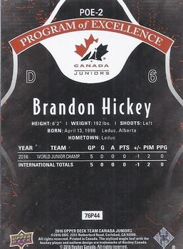 2016 Upper Deck Team Canada Juniors - Program of Excellence #POE-2 Brandon Hickey Back