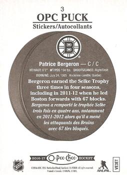 2016-17 O-Pee-Chee - Puck Stickers #3 Patrice Bergeron Back