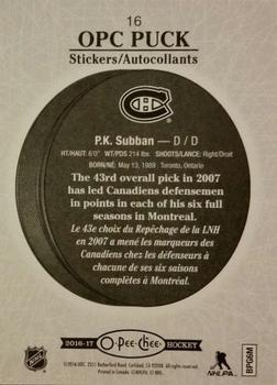 2016-17 O-Pee-Chee - Puck Stickers #16 P.K. Subban Back
