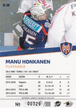 2016-17 Cardset Finland - Rookie Series 1 #RC 190 Manu Honkanen Back
