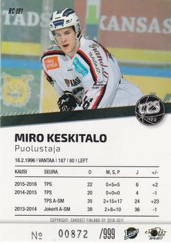 2016-17 Cardset Finland - Rookie Series 1 #RC 191 Miro Keskitalo Back