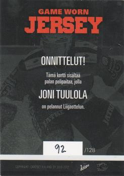 2016-17 Cardset Finland - Game Worn Jersey Series 1 Exchange #GWJ2 Joni Tuulola Back