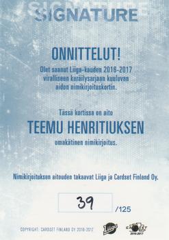 2016-17 Cardset Finland - Signature #NNO Teemu Henritius Back