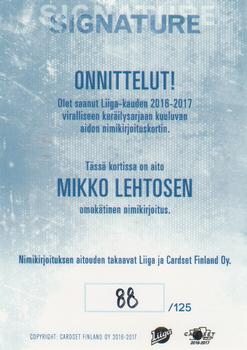 2016-17 Cardset Finland - Signature #NNO Mikko Lehtonen Back