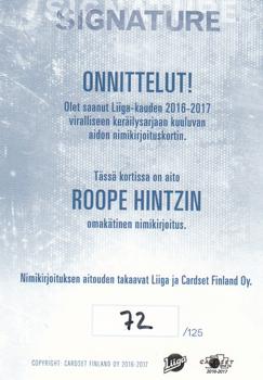 2016-17 Cardset Finland - Signature #NNO Roope Hintz Back