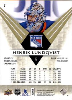 2016-17 Upper Deck Trilogy #7 Henrik Lundqvist Back