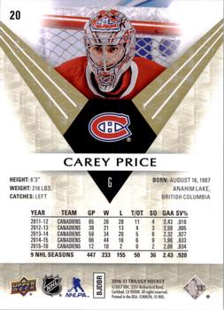 2016-17 Upper Deck Trilogy #20 Carey Price Back