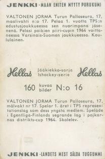 1965 Hellas/Jenkki Jaakiekkosarja (Finnish) #16 Jorma Valtonen Back