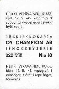 1966 Champion Jaakiekkosarja (Finnish) #18 Heikki Veravainen Back