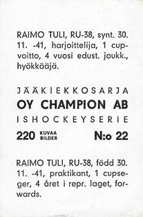 1966 Champion Jaakiekkosarja (Finnish) #22 Raimo Tuli Back