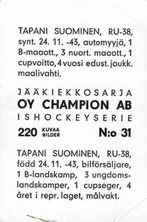 1966 Champion Jaakiekkosarja (Finnish) #31 Tapani Suominen Back